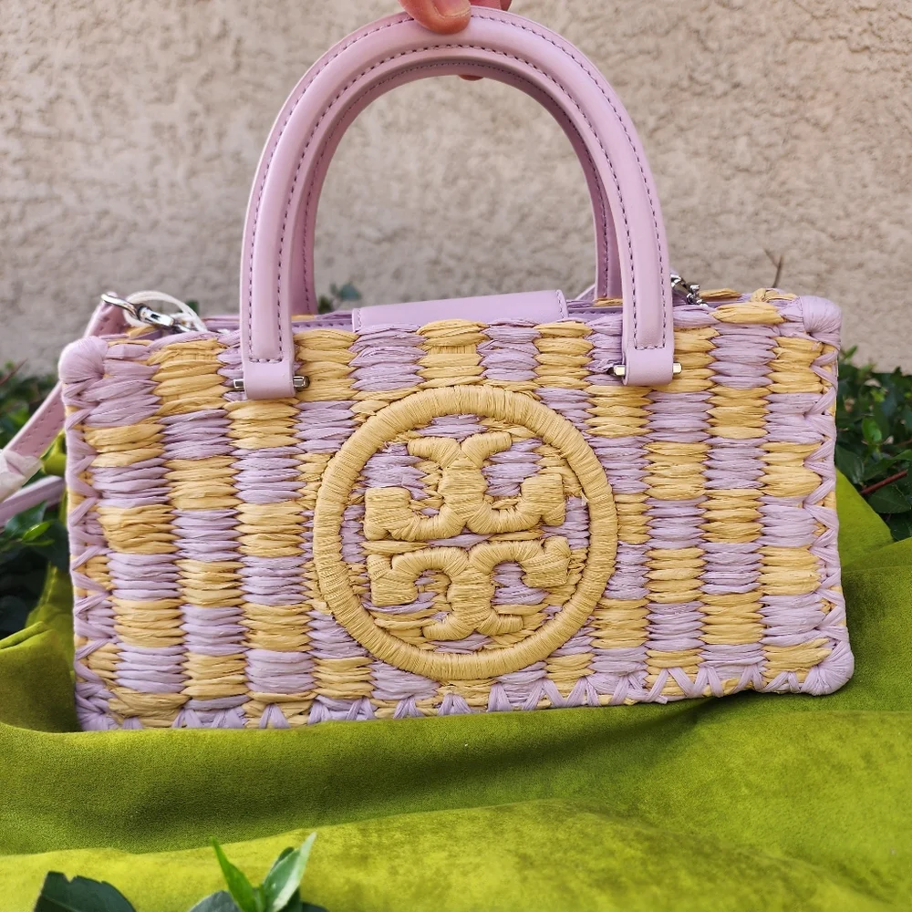 Tory Burch Ella Hand-Crocheted Leather Checkered Tote-Lavender NWT Authentic